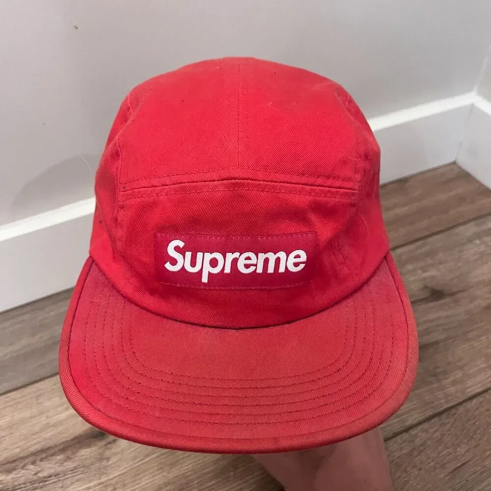 Supreme 5 Panel Camp Leather Strapback Cap Hat Solid Red Box Logo One Size